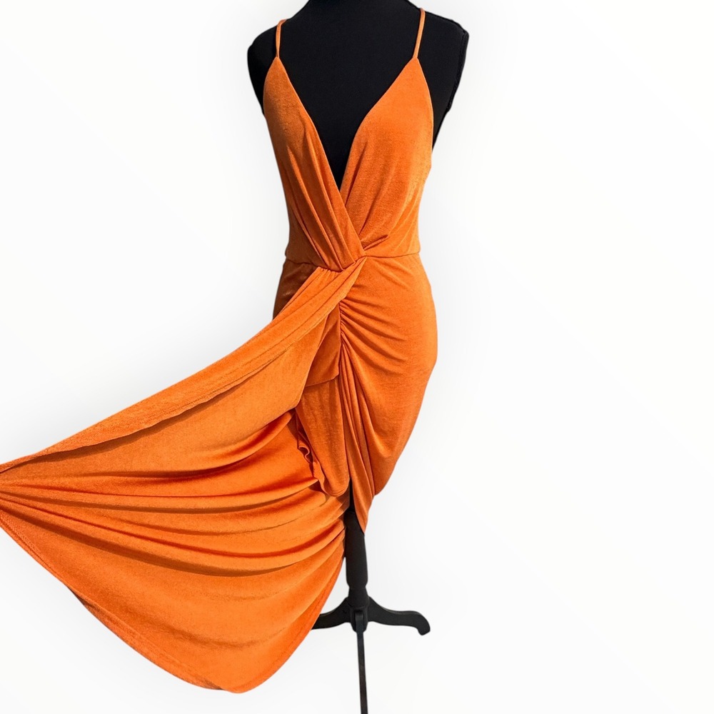 Lulus Dreamy Date Orange Surplice Midi Dress M Ruched Plunge Wedding Resort - Picture 5 of 15